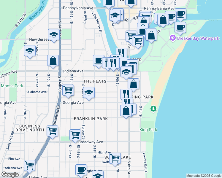 map of restaurants, bars, coffee shops, grocery stores, and more near 924 Alabama Ave in Sheboygan