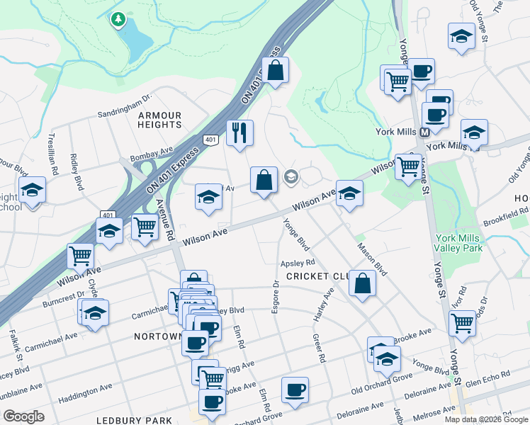 map of restaurants, bars, coffee shops, grocery stores, and more near 102 Wilson Avenue in Toronto