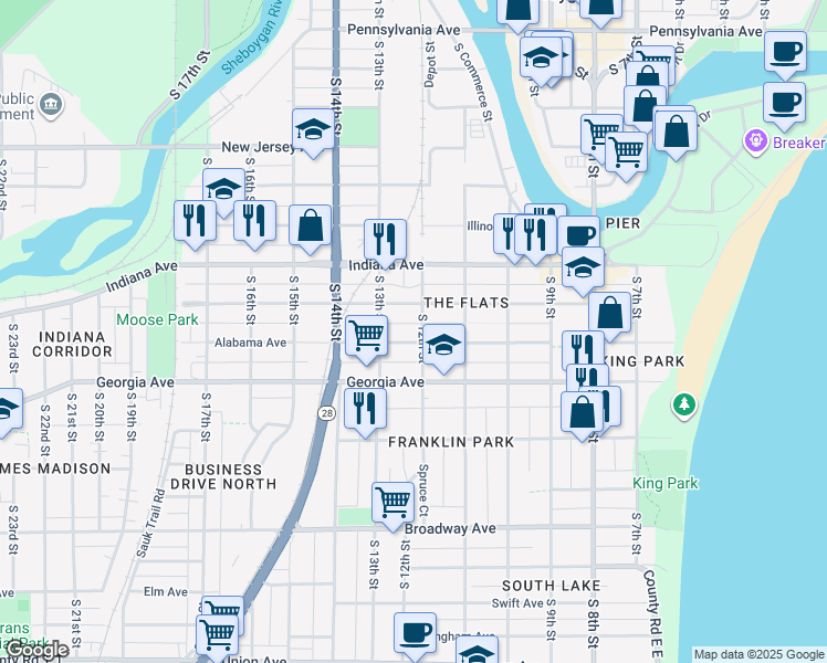 map of restaurants, bars, coffee shops, grocery stores, and more near 1206 Alabama Ave in Sheboygan