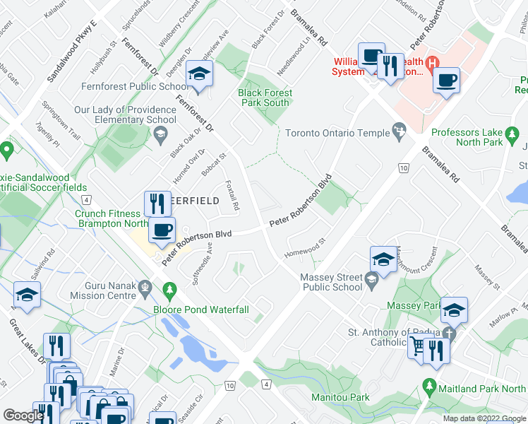 map of restaurants, bars, coffee shops, grocery stores, and more near 159 Fernforest Drive in Brampton