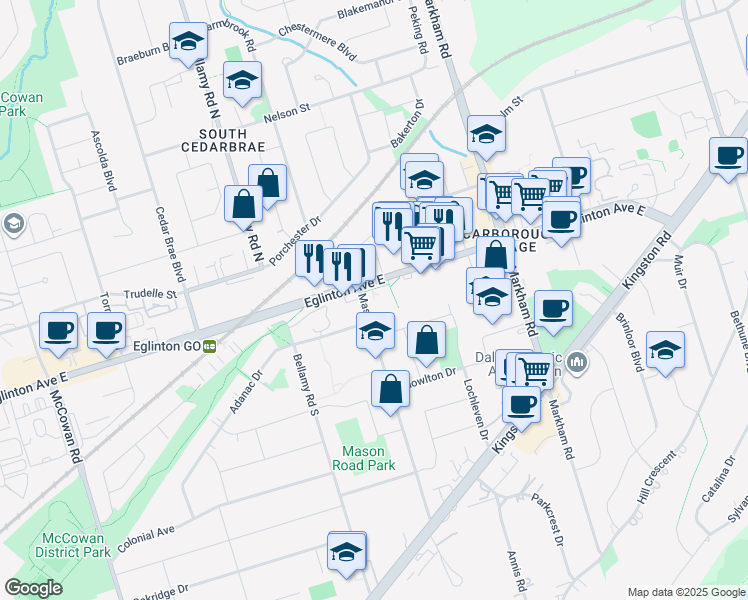 map of restaurants, bars, coffee shops, grocery stores, and more near 3111 Eglinton Avenue East in Toronto