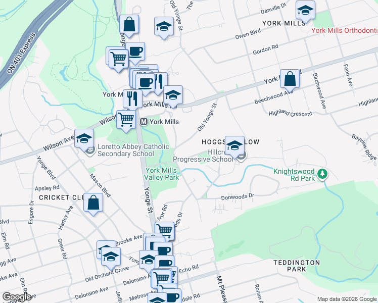 map of restaurants, bars, coffee shops, grocery stores, and more near 5 Old Yonge Street in Toronto