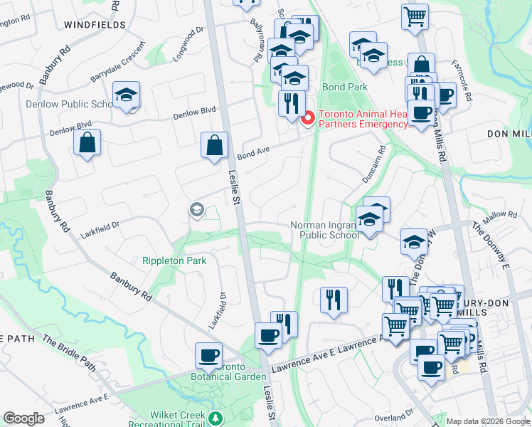 map of restaurants, bars, coffee shops, grocery stores, and more near 3 Bradgate Road in Toronto