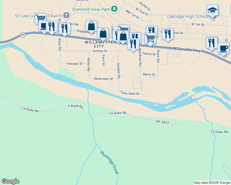 map of restaurants, bars, coffee shops, grocery stores, and more near 76248 Garden Road in Oakridge
