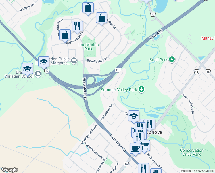 map of restaurants, bars, coffee shops, grocery stores, and more near 17 Donherb Crescent in Regional Municipality of Peel
