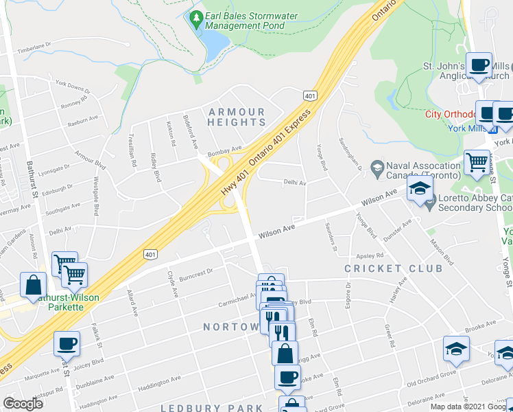 map of restaurants, bars, coffee shops, grocery stores, and more near 2177 Avenue Road in Toronto