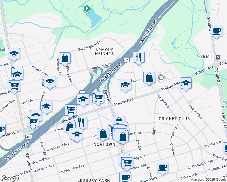 map of restaurants, bars, coffee shops, grocery stores, and more near 2177 Avenue Road in Toronto