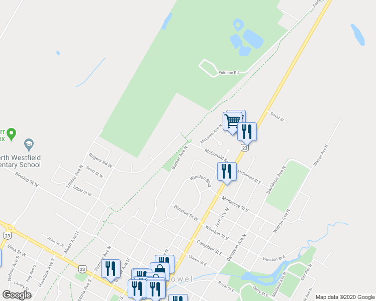 map of restaurants, bars, coffee shops, grocery stores, and more near 872 Barber Avenue North in Listowel