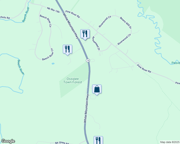 map of restaurants, bars, coffee shops, grocery stores, and more near 1250 New Hampshire 16 in Ossipee