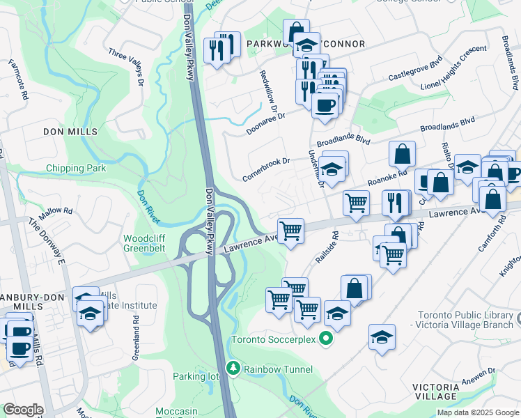 map of restaurants, bars, coffee shops, grocery stores, and more near in Toronto