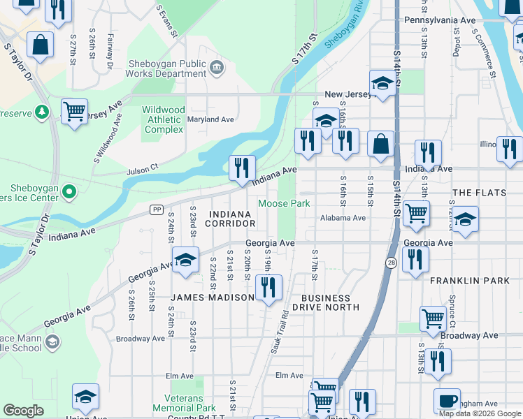 map of restaurants, bars, coffee shops, grocery stores, and more near 1217 South 20th Street in Sheboygan