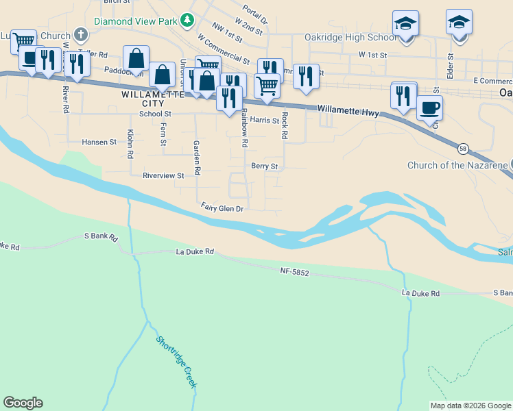 map of restaurants, bars, coffee shops, grocery stores, and more near 47757 Fairyglen Drive in Oakridge