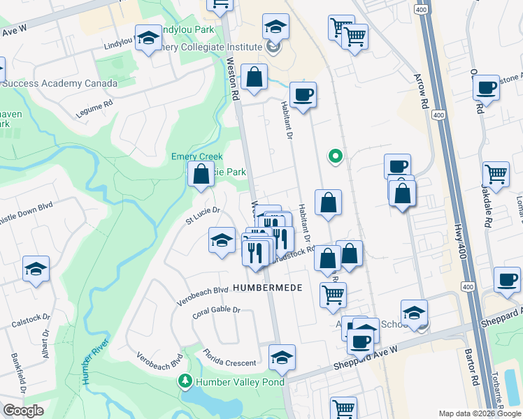 map of restaurants, bars, coffee shops, grocery stores, and more near 3281 Weston Road in Toronto