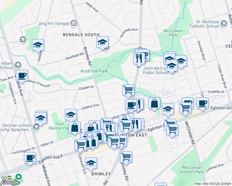 map of restaurants, bars, coffee shops, grocery stores, and more near 25 Elgar Avenue in Toronto