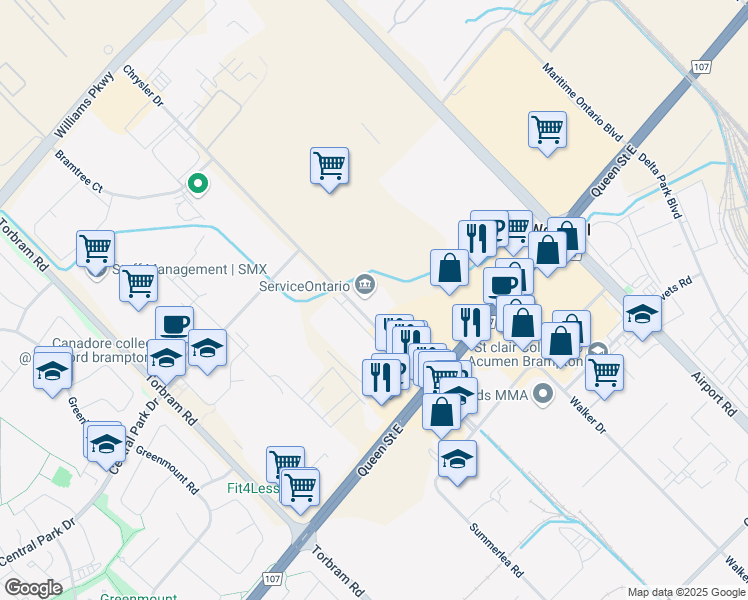 map of restaurants, bars, coffee shops, grocery stores, and more near 125 Chrysler Drive in Brampton