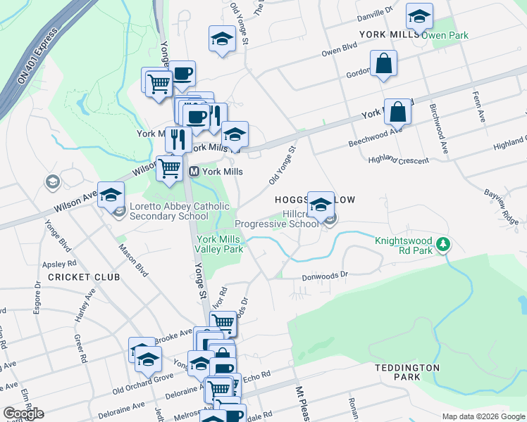 map of restaurants, bars, coffee shops, grocery stores, and more near 22 Brookfield Road in Toronto
