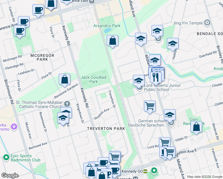 map of restaurants, bars, coffee shops, grocery stores, and more near 167 Treverton Drive in Toronto