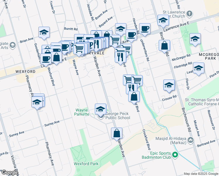 map of restaurants, bars, coffee shops, grocery stores, and more near 12 Alissa Place in Toronto
