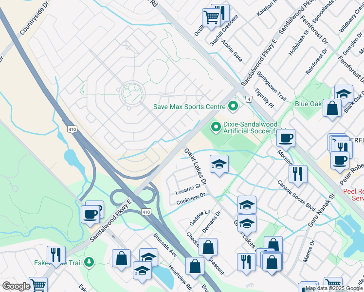 map of restaurants, bars, coffee shops, grocery stores, and more near Sandalwood Pkwy E & Great Lakes Dr in Brampton