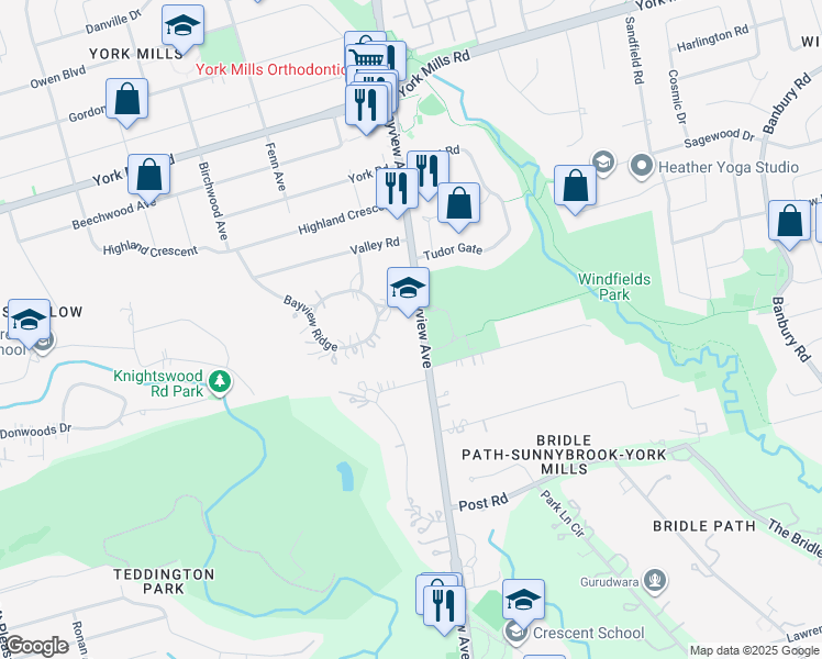 map of restaurants, bars, coffee shops, grocery stores, and more near 2454 Bayview Avenue in Toronto