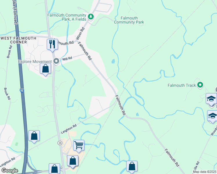 map of restaurants, bars, coffee shops, grocery stores, and more near 350 Falmouth Road in Falmouth