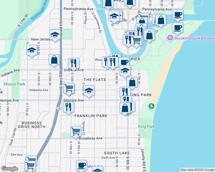 map of restaurants, bars, coffee shops, grocery stores, and more near 924 Alabama Avenue in Sheboygan