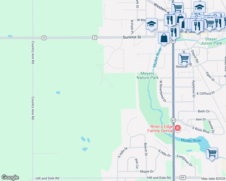 map of restaurants, bars, coffee shops, grocery stores, and more near W5915 County Road Z in Plymouth
