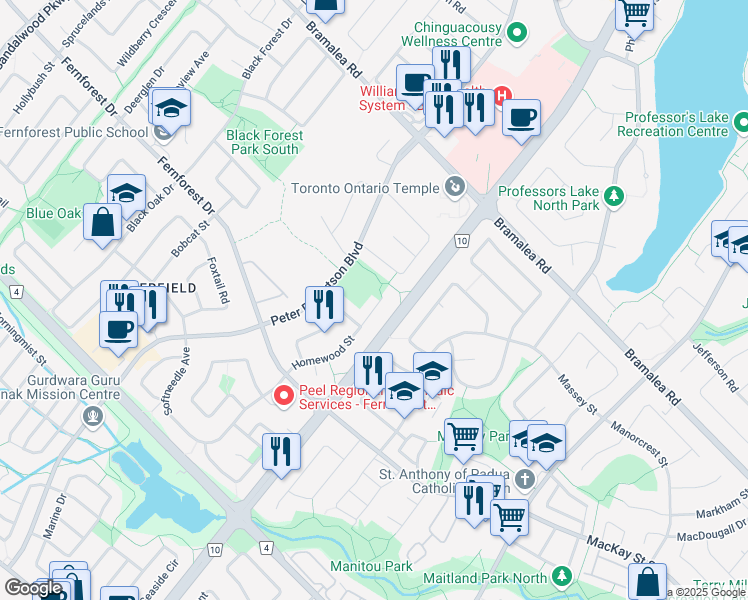 map of restaurants, bars, coffee shops, grocery stores, and more near 20 Upwood Place in Brampton