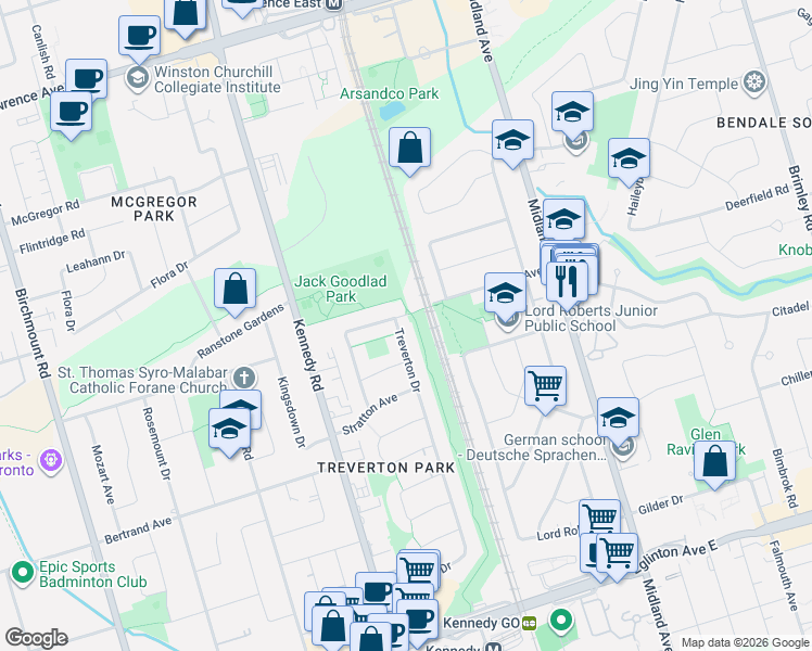 map of restaurants, bars, coffee shops, grocery stores, and more near 167 Treverton Drive in Toronto