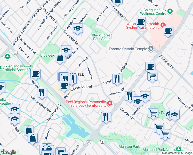 map of restaurants, bars, coffee shops, grocery stores, and more near 166 Fernforest Drive in Brampton