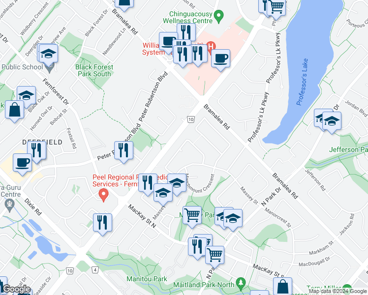map of restaurants, bars, coffee shops, grocery stores, and more near 2 Minton Place in Brampton