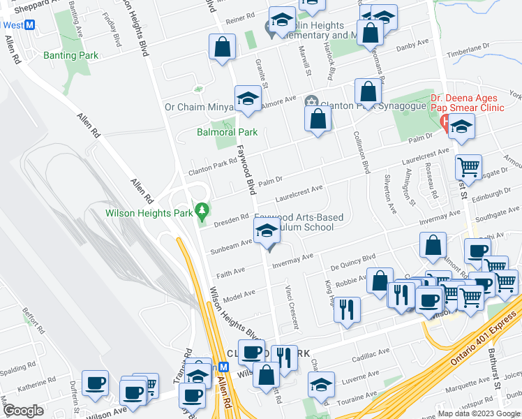 map of restaurants, bars, coffee shops, grocery stores, and more near 135 Laurelcrest Avenue in Toronto