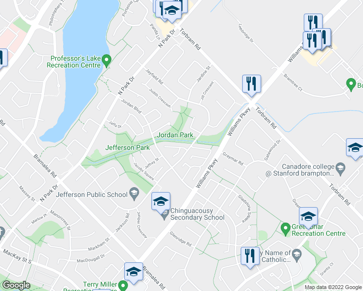 map of restaurants, bars, coffee shops, grocery stores, and more near 6 Josephine Court in Brampton