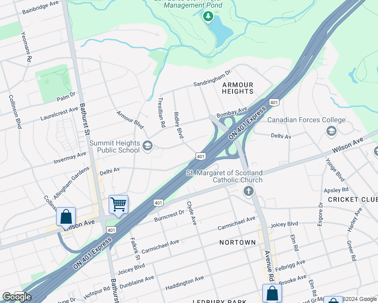 map of restaurants, bars, coffee shops, grocery stores, and more near 303 Ridley Boulevard in Toronto