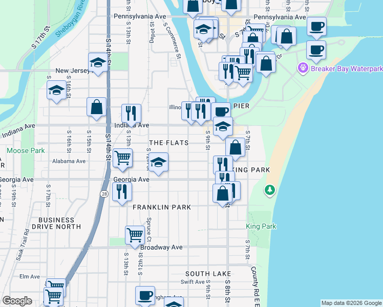 map of restaurants, bars, coffee shops, grocery stores, and more near 924 Alabama Avenue in Sheboygan