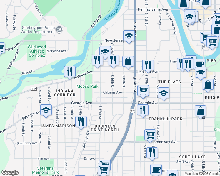 map of restaurants, bars, coffee shops, grocery stores, and more near 1219 South 16th Street in Sheboygan