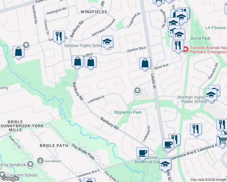 map of restaurants, bars, coffee shops, grocery stores, and more near 83 Larkfield Drive in Toronto