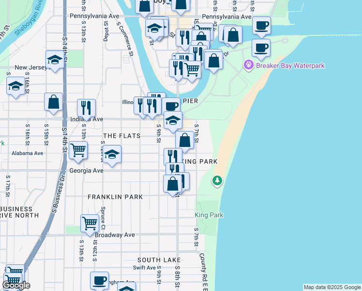 map of restaurants, bars, coffee shops, grocery stores, and more near 1217 South 8th Street in Sheboygan