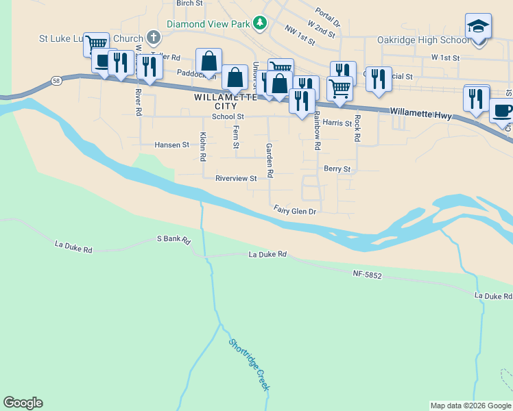 map of restaurants, bars, coffee shops, grocery stores, and more near 76248 Garden Rd in Oakridge