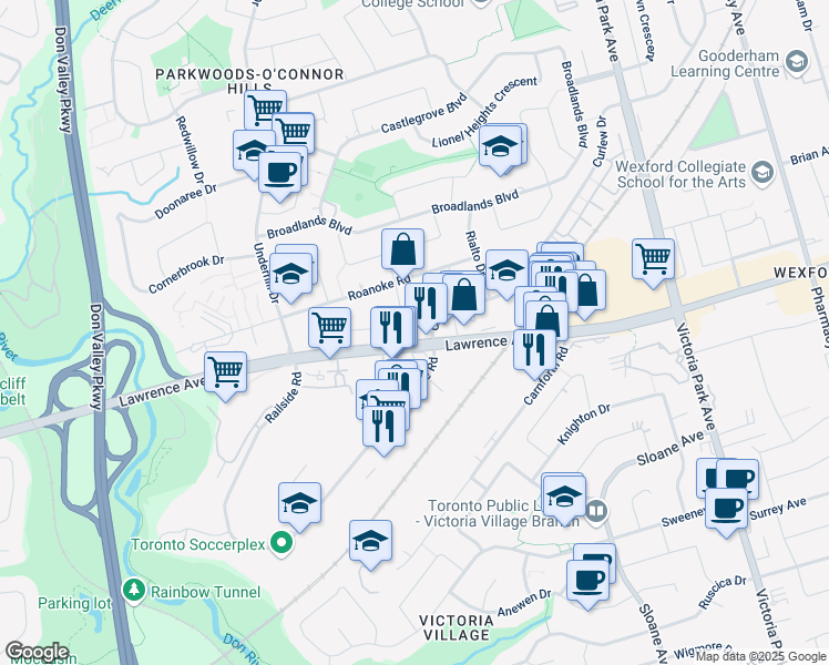 map of restaurants, bars, coffee shops, grocery stores, and more near 1200 Lawrence Avenue East in Toronto