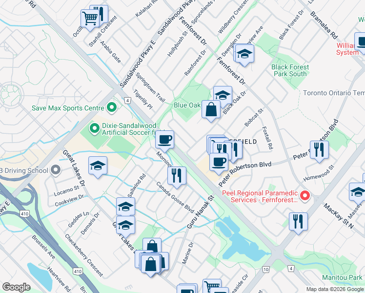 map of restaurants, bars, coffee shops, grocery stores, and more near 153 Chipmunk Crescent in Brampton