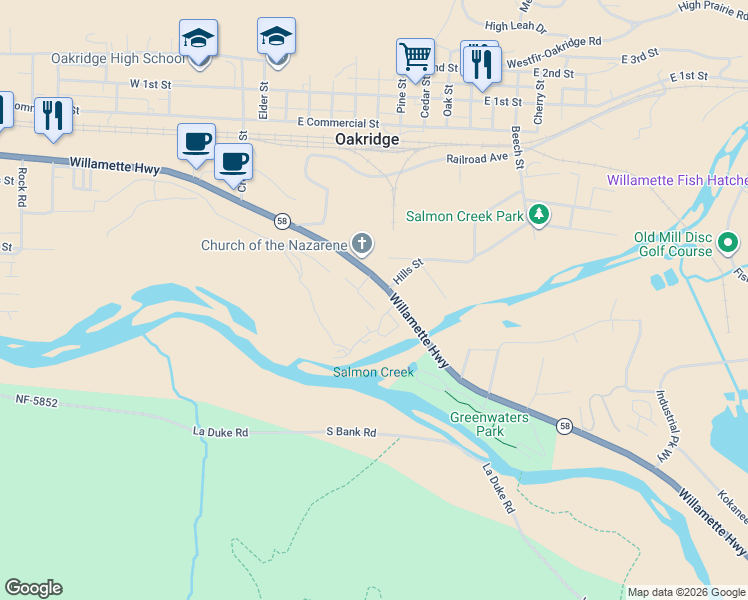 map of restaurants, bars, coffee shops, grocery stores, and more near 48189 Lauren Drive in Oakridge