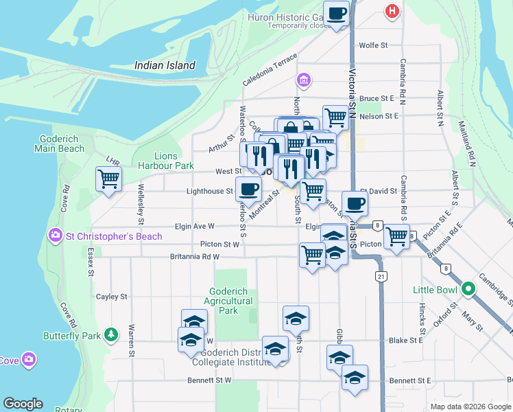 map of restaurants, bars, coffee shops, grocery stores, and more near 72 Montreal Street in Goderich