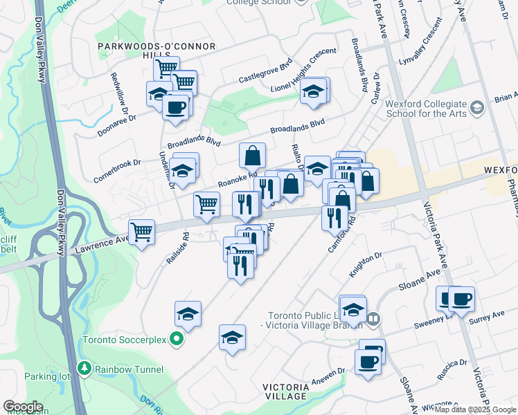 map of restaurants, bars, coffee shops, grocery stores, and more near in Toronto
