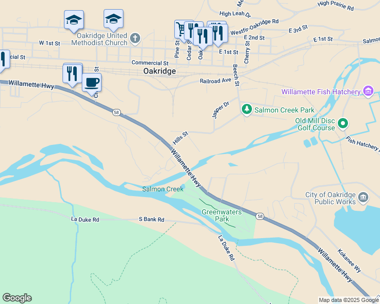 map of restaurants, bars, coffee shops, grocery stores, and more near 48260 Y Drive in Oakridge