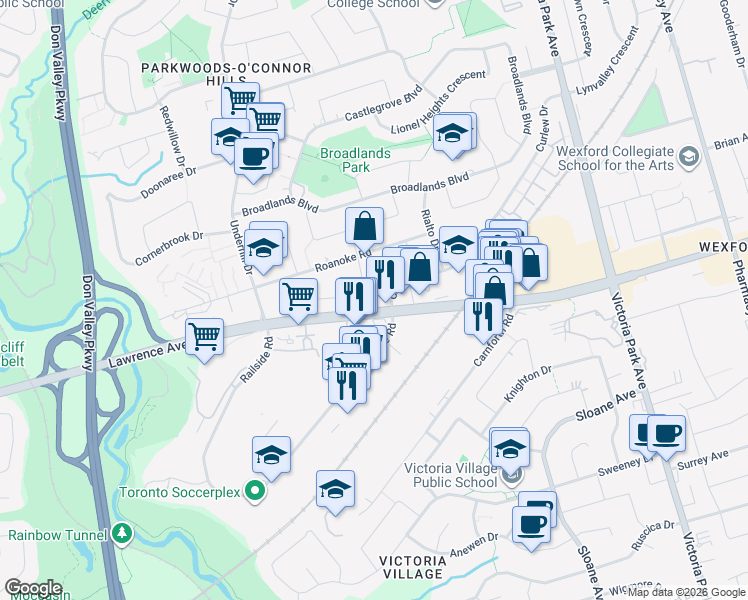 map of restaurants, bars, coffee shops, grocery stores, and more near 1200 Lawrence Avenue East in Toronto