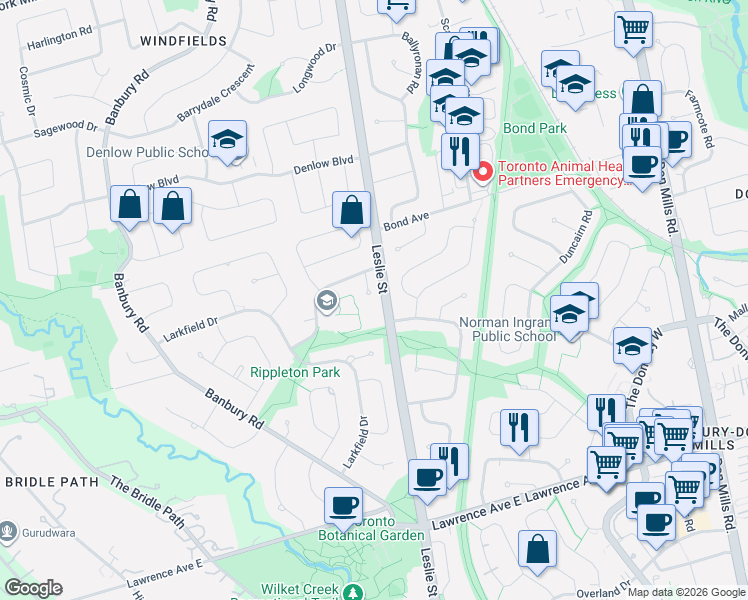 map of restaurants, bars, coffee shops, grocery stores, and more near 9 Terrington Court in Toronto