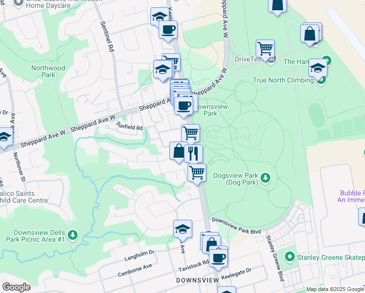 map of restaurants, bars, coffee shops, grocery stores, and more near 7 Sunfield Road in Toronto