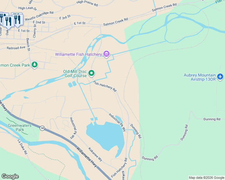 map of restaurants, bars, coffee shops, grocery stores, and more near 76217 Fish Hatchery Road in Oakridge