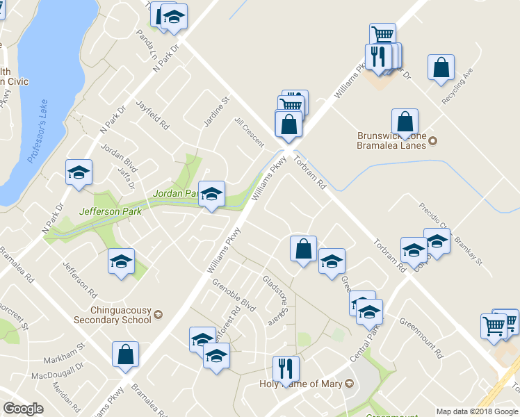 map of restaurants, bars, coffee shops, grocery stores, and more near 23 Grassington Crescent in Brampton